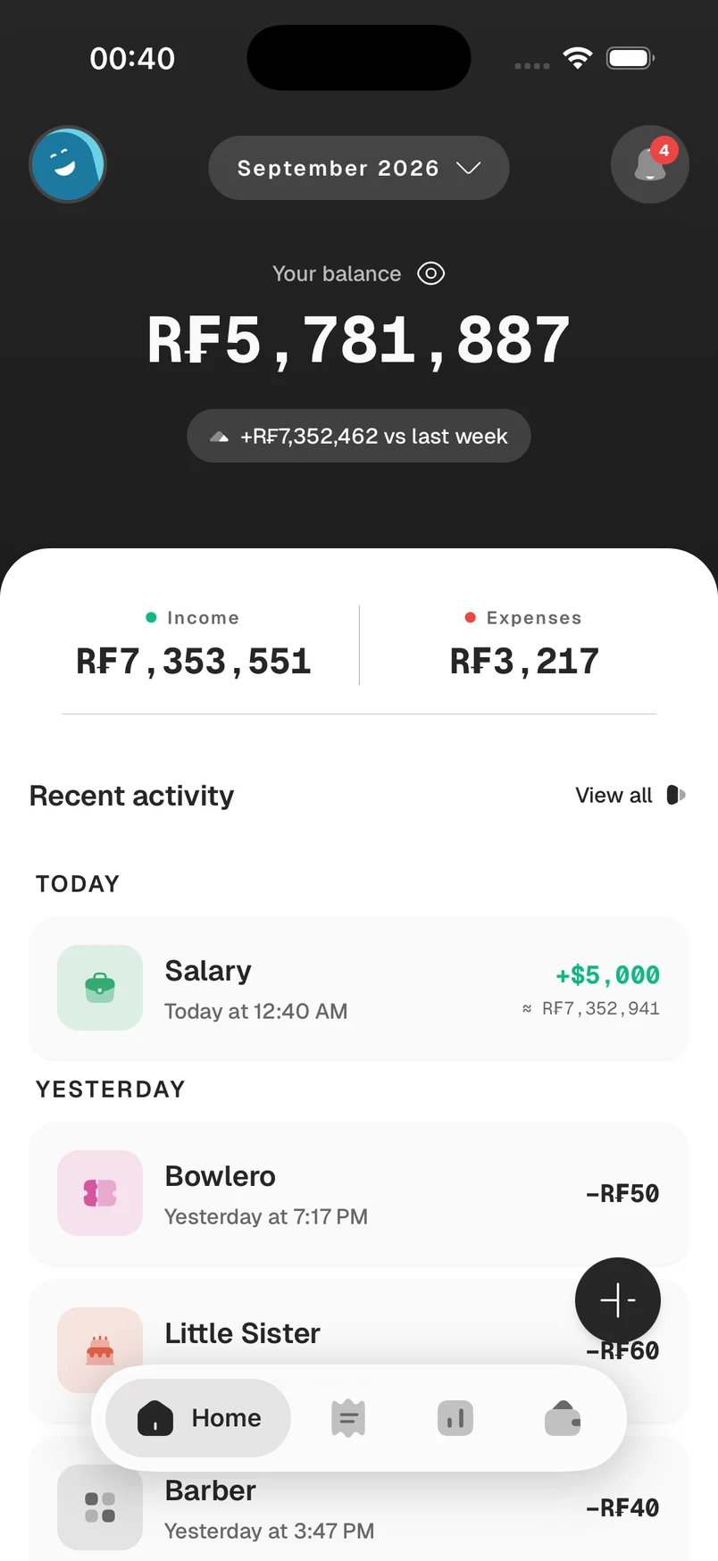Recent activity in Trakdd, including salary, shopping, and personal expenses
